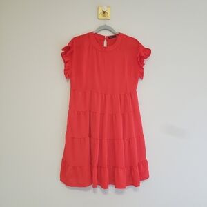 MIHOLL Tiered Dress Small Red Ruffle Flutter Sleeve Preppy Girly Feminine Office